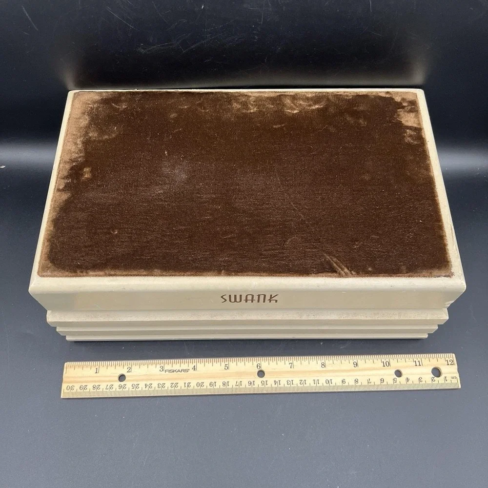 SWANK Display Jewelry Box 3 Drawer Wooden Brown Velvet Fabric Top 12